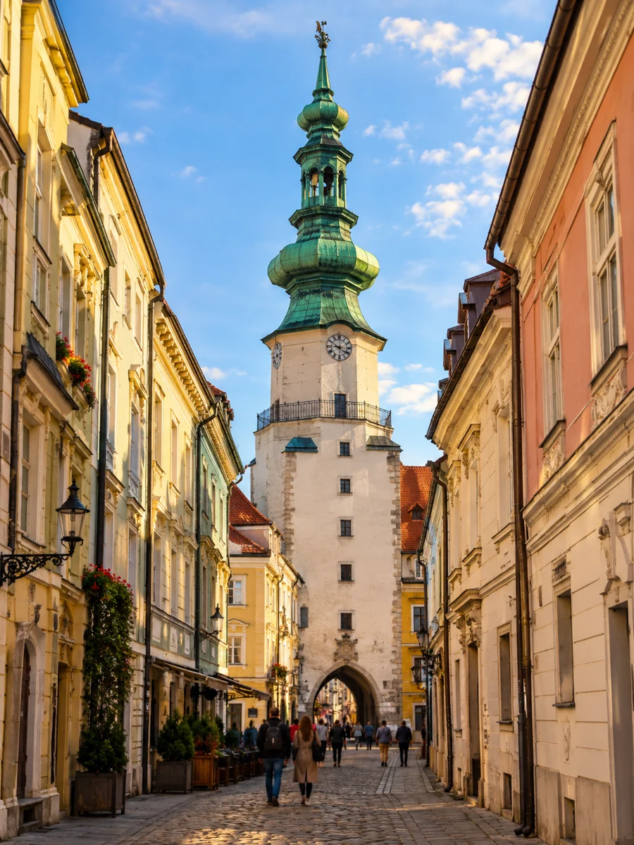 Der Turm des Michaelertors am Ende einer Kopfsteinpflastergasse in der Altstadt von Bratislava