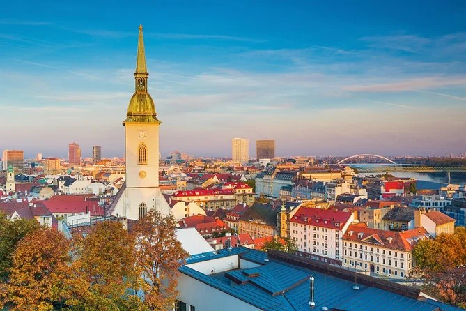 The cathedral spire above Bratislava at sunset