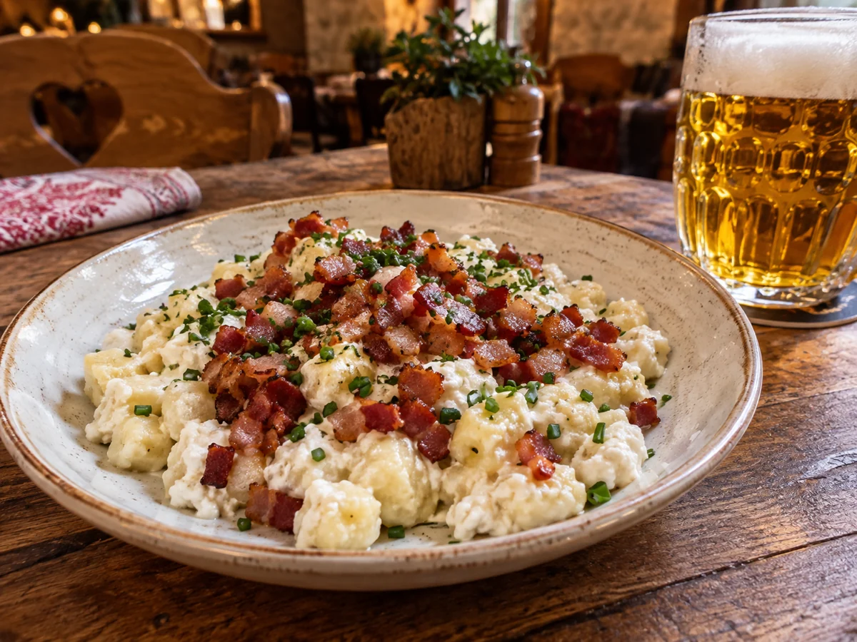 Ein Teller bryndzové halušky, Kartoffelnocken mit Schafskäse und Speck